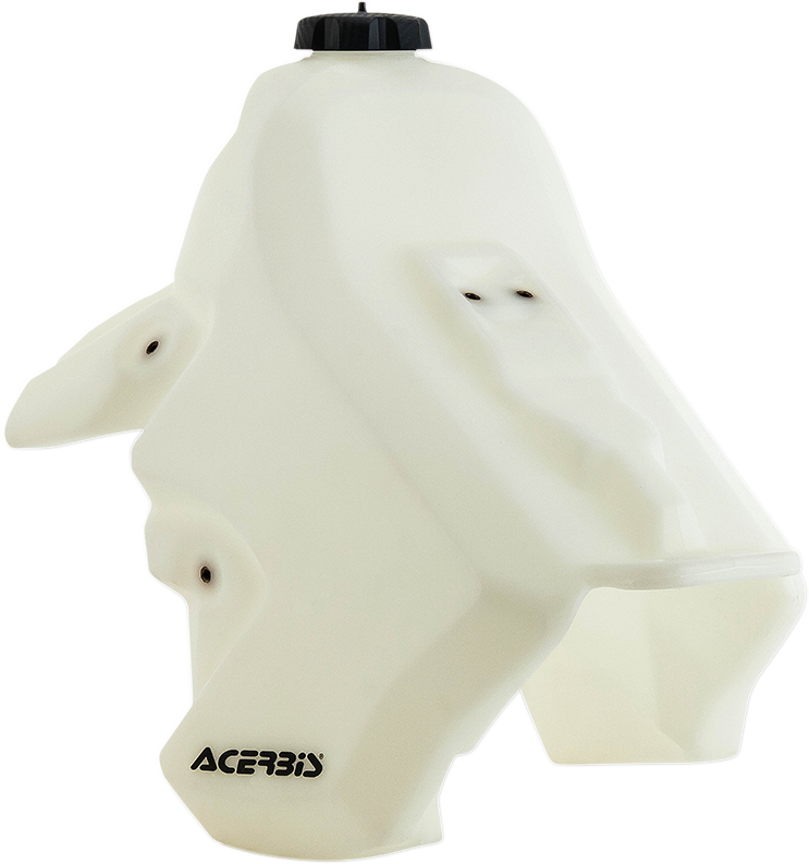 Acerbis natural gas tank for Suzuki motorcycles, 3.9-gallon capacity, mounted on a bike body, with visible fuel cap and brand details.