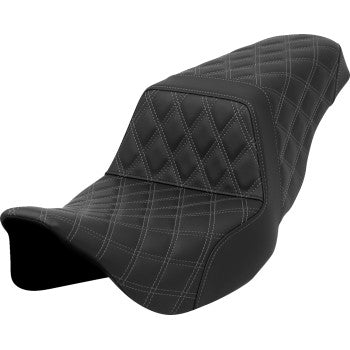 Gray SADDLEMEN Step-Up Seat with lattice stitch for FLH/FLT bikes 2008-2023, featuring detailed stitching and comfortable design.