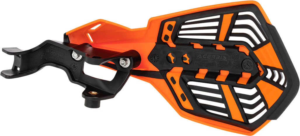 A pair of ACERBIS K-Future orange and black motorcycle handguards with protective body design, displayed on a neutral background.