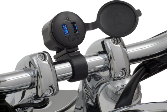 Bill's Exhausts SHOW CHROME Dual USB Port engine component with chrome finish and dual USB ports for vehicle charging.