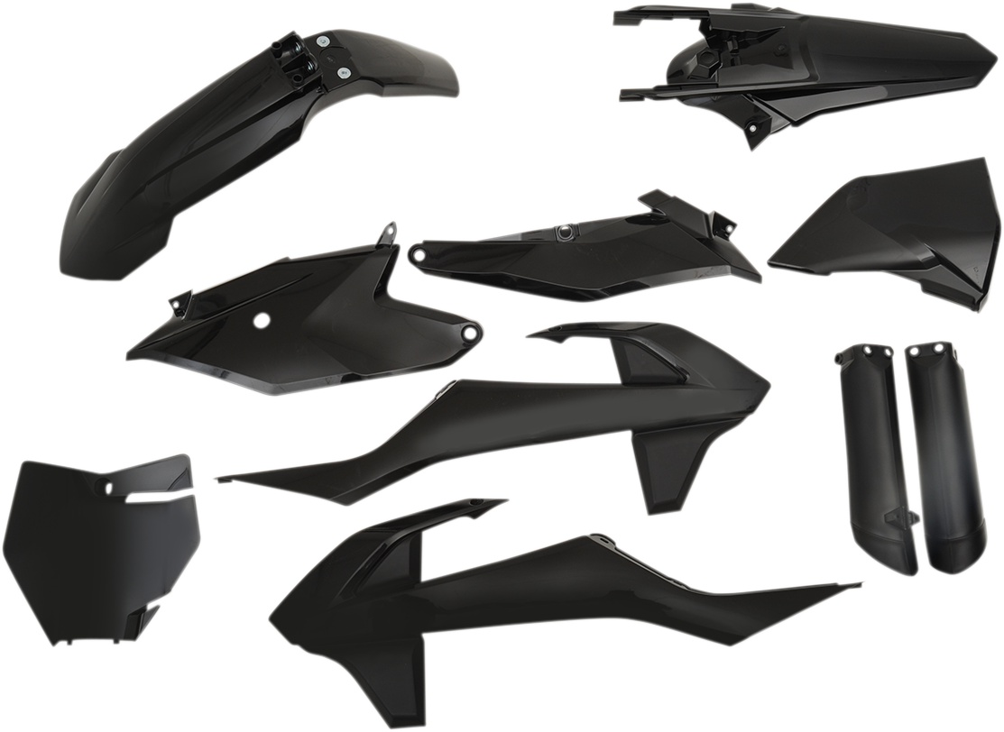 A black Acerbis full replacement body kit for motorcycles, featuring sleek design and durable plastic construction.