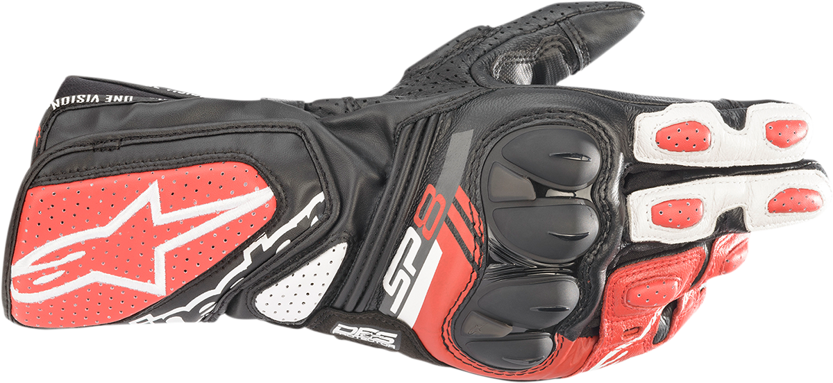 Bill's Exhausts ALPINESTARS SP-8 V3 motorcycle gloves in black, white, and bright red, large size, featuring protective design.