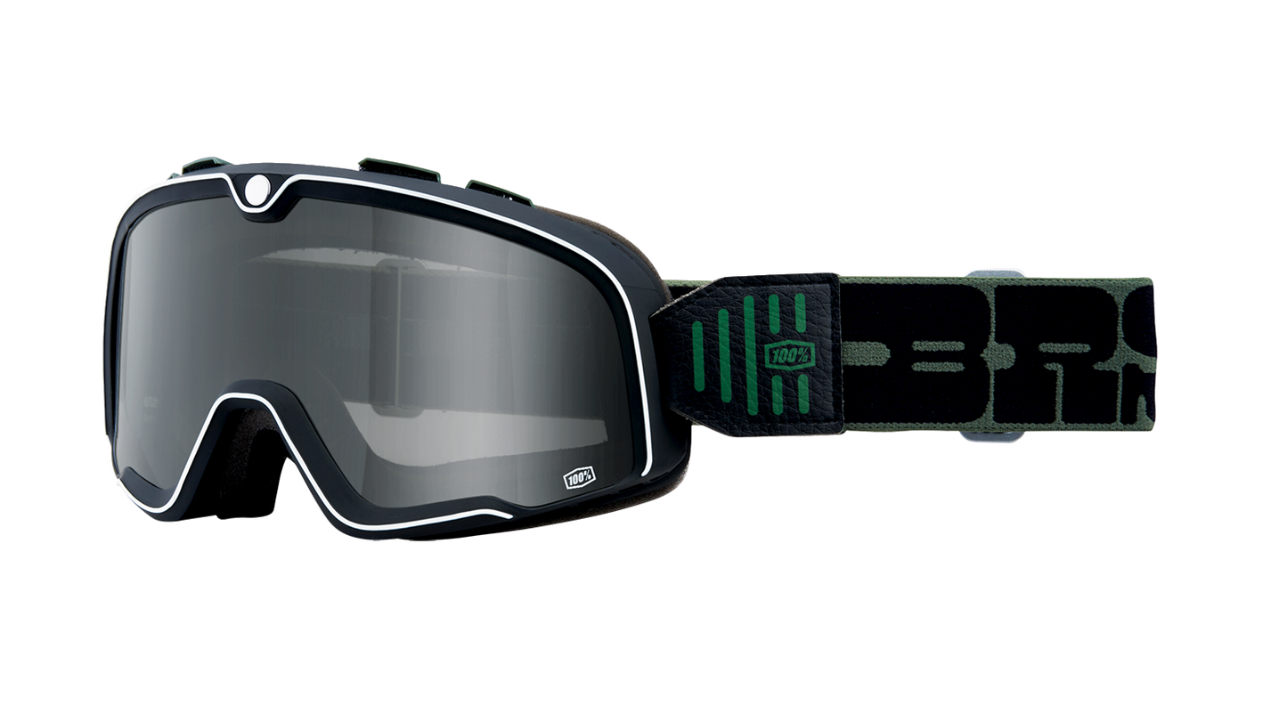 Bill's Exhausts 100% Barstow Goggles in smoke lens, featuring a sleek frame and adjustable strap for motocross or off-road riding.
