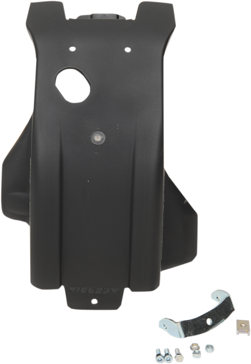 A black Acerbis MX skid plate mounted on a motorcycle, protecting the body and underside from impacts and debris.