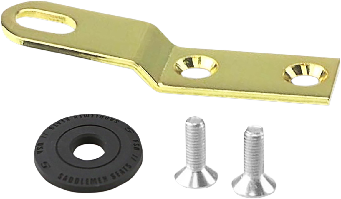 Gold SADDLEMEN seat bracket for seats, 1/4"-28 thread, shown in a close-up view with mounting details.
