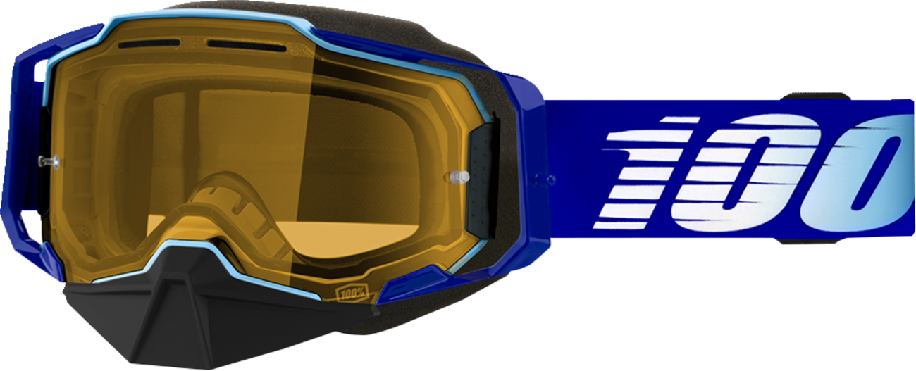 Bill's Exhausts 100% Armega Snow Goggles in royal blue with yellow accents, featuring reflective lenses for winter sports.