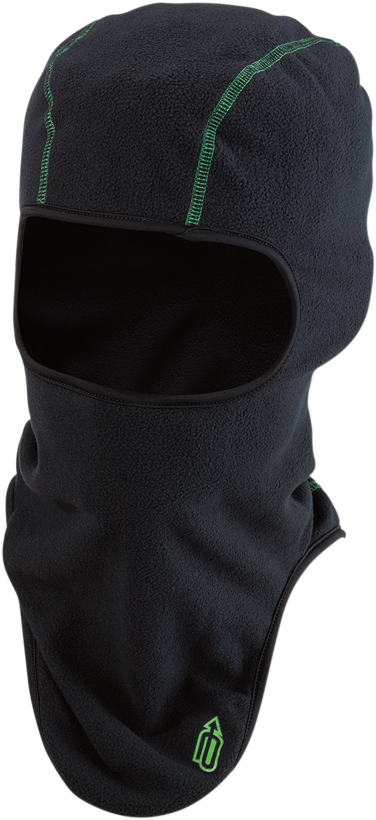Black and green fleece balaclava by Bill's Exhausts, designed for warmth and comfort, shown in a close-up image.