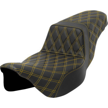 Bill's Exhausts Saddlemens Step-Up Seat with lattice stitch and gold stitching for FLH/FLT 2008-2023, extended reach motorcycle seat