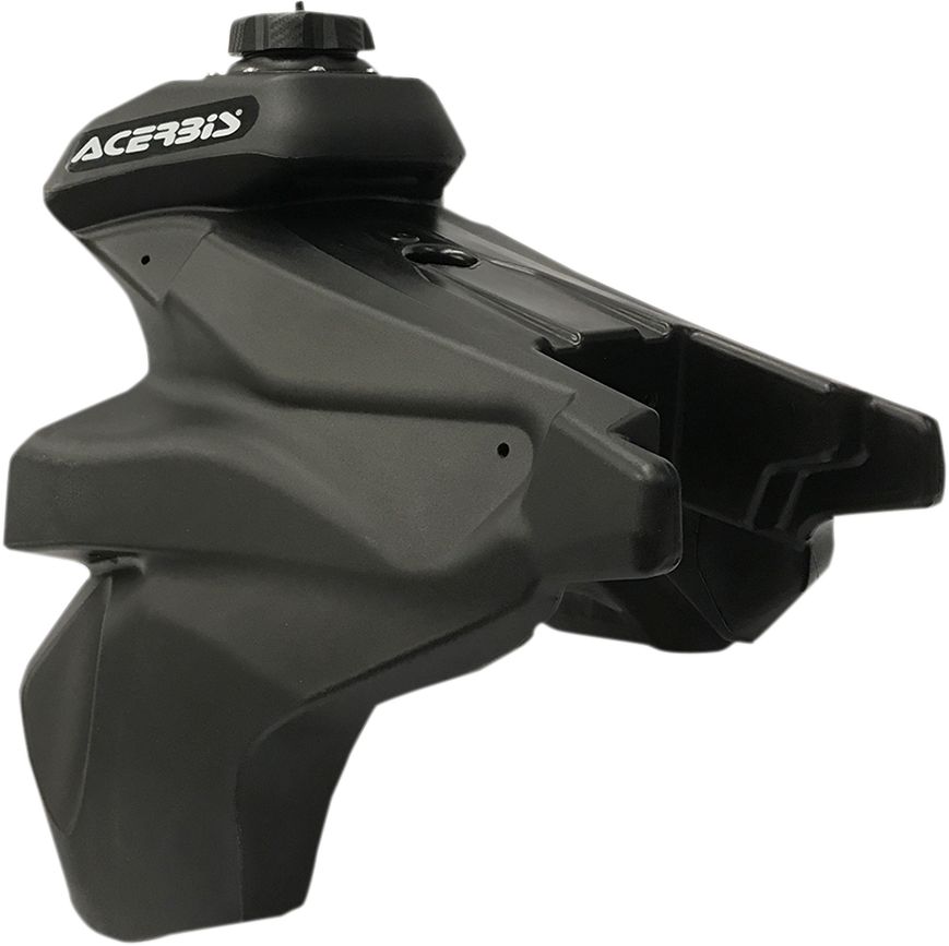 A black Acerbis gas tank for Husqvarna dirt bikes, 3.1 gallons capacity, body image showing the fuel tank with mounting points.