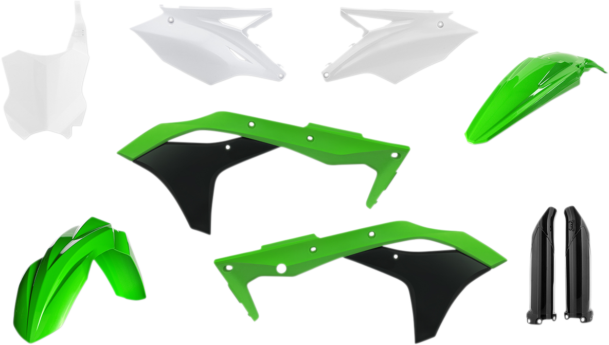 Acerbis full replacement body kit in green, black, and white for motorcycle, featuring OEM design with panels and fairings.