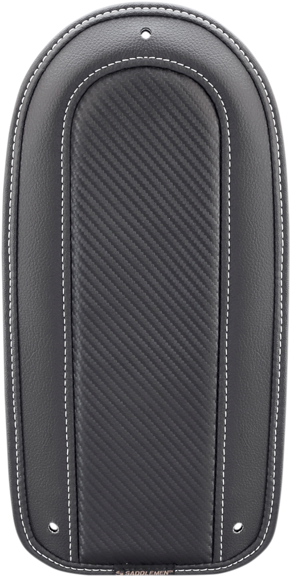 Bill's Exhausts Saddlemens Fender Chap matching Dominator Solo Seat, black leather motorcycle seat accessory with stitching details.