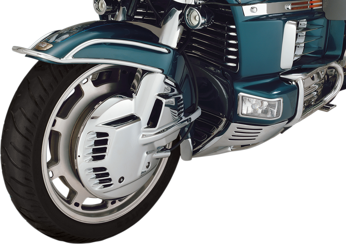 Bill's Exhausts SHOW CHROME Rotor Disc Covers for engine, chrome finish, with detailed design visible on the disc covers.