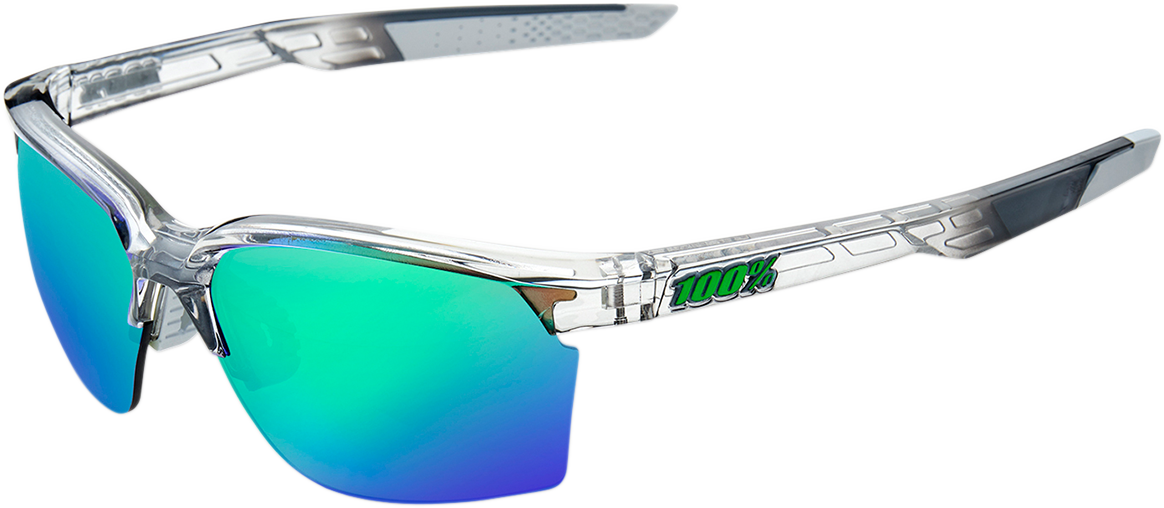 Bill's Exhausts 100% Sportcoupe sunglasses with gray frame and green mirror lenses, sporty and stylish eyewear for active wear.