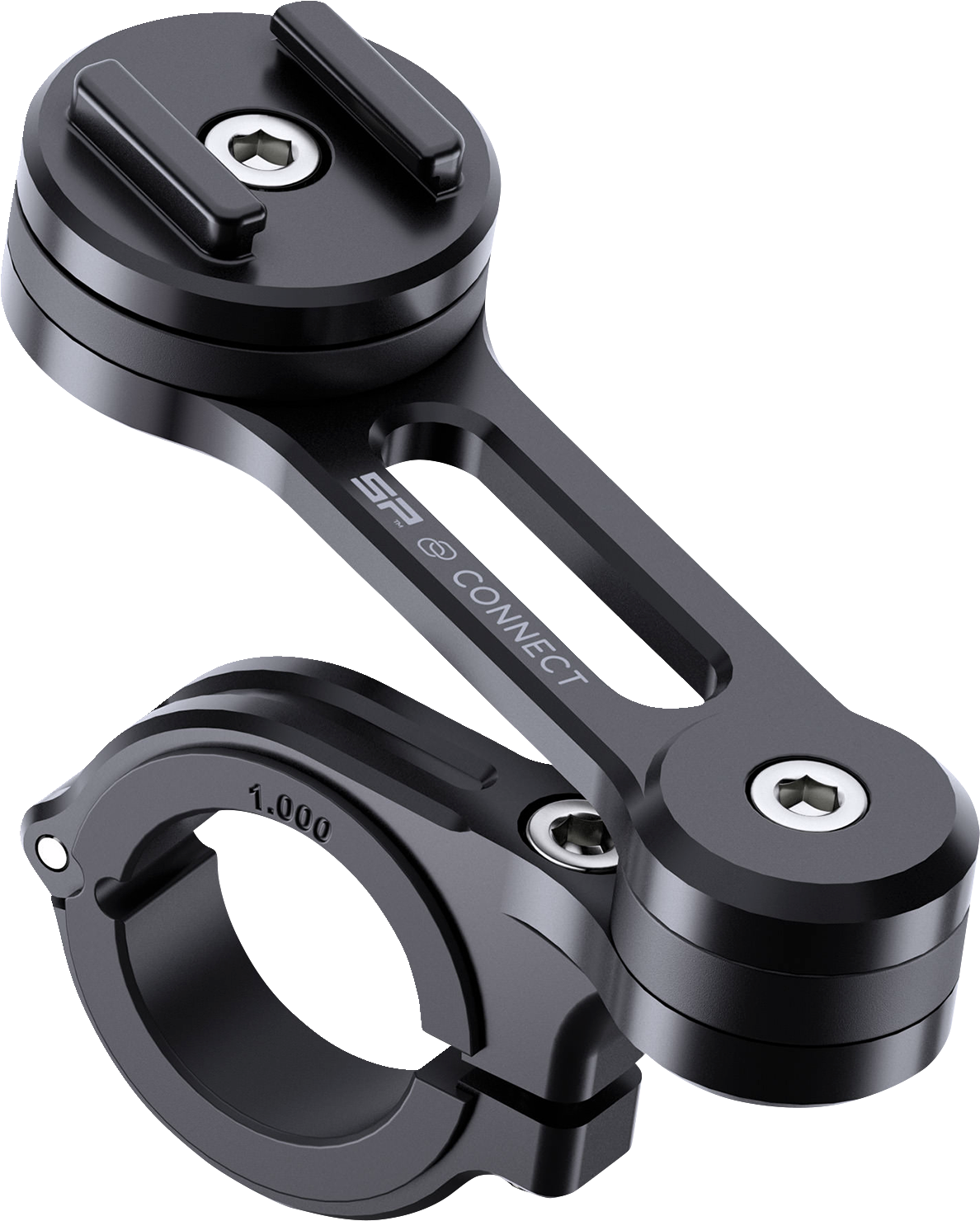 Black SP CONNECT Pro phone mount attached to a motorcycle handlebar, showcasing secure grip and sleek design.