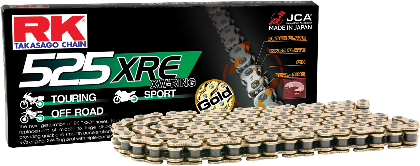 RK EXCEL GB525XRE drive chain for street and off-road vehicles, showing gold-colored 525X135 chain with detailed links.