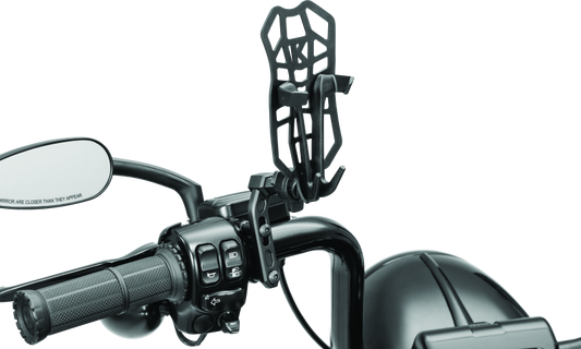 Kuryakyn Free-Flex Device Holder perch mount for powersports vehicles, showing the adjustable mount and secure device holder attachment.
