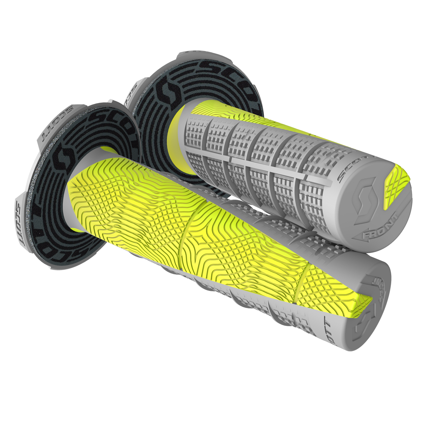 Scott Deuce grips in gray and yellow for motorcycle engines, designed for enhanced grip and control.