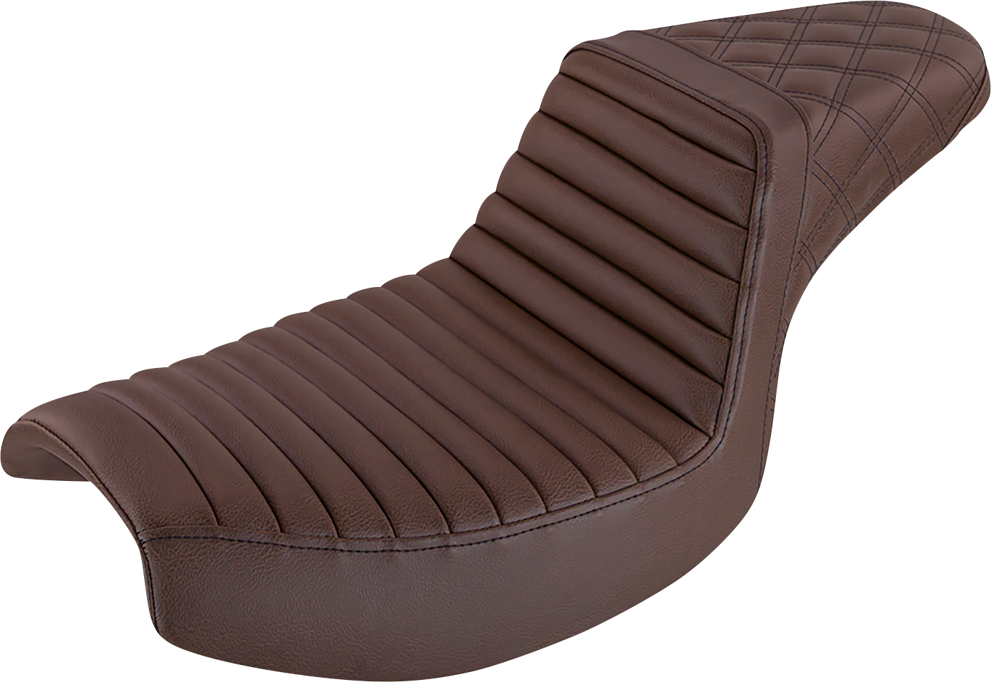 Bill's Exhausts SADDLEMEN Step-Up Seat with front tuck-n-roll and rear lattice stitch in brown for motorcycle comfort and style.