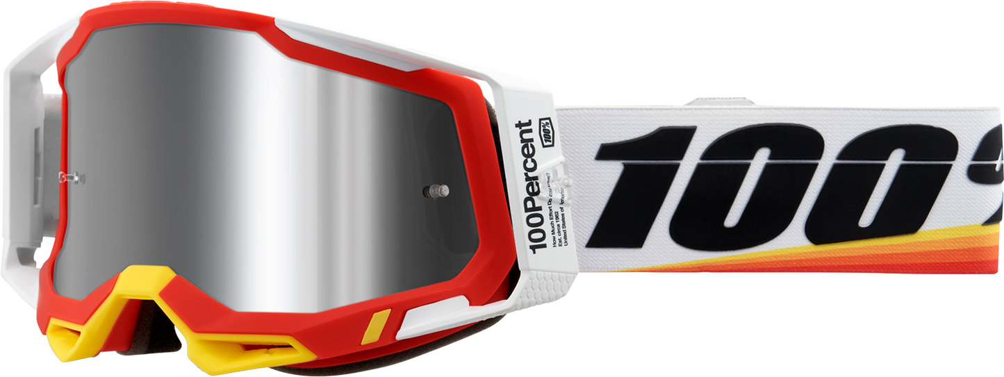 Bill's Exhausts 100% Racecraft 2 Goggles in Arsham Red with Silver Flash Mirror lens, featuring sleek design and adjustable strap.
