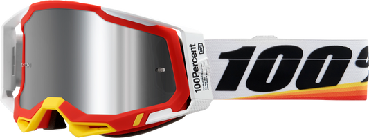 Bill's Exhausts 100% Racecraft 2 Goggles in Arsham Red with Silver Flash Mirror lens, featuring sleek design and adjustable strap.