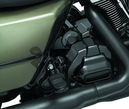 Kuryakyn Precision Dipstick for Harley Davidson with gloss black finish, showing the sleek, branded motorcycle dipstick in close-up.