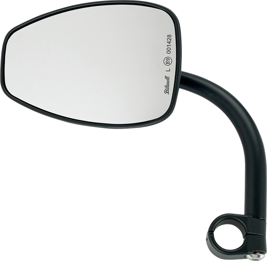 BILTWELL Clamp-On Tear Drop Utility Mirror in black, mounted on a motorcycle handlebar, with a tear-shaped reflective surface