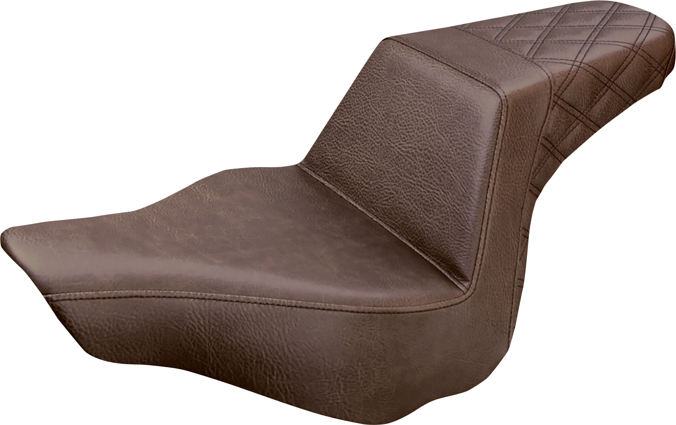 Brown SADDLEMEN Step-Up Seat with rear lattice stitch for FXSB, designed by Bill's Exhausts, featuring a comfortable, stylish motorcycle seat.