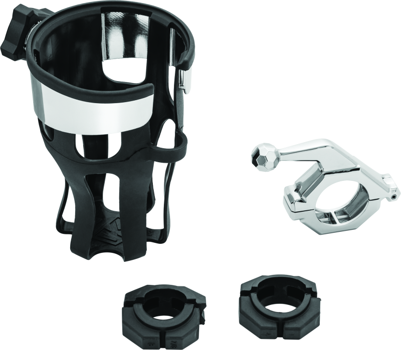 Chrome Kuryakyn Reflex Drink Holder with bar mount for powersports vehicles, designed for secure beverage holding during rides.