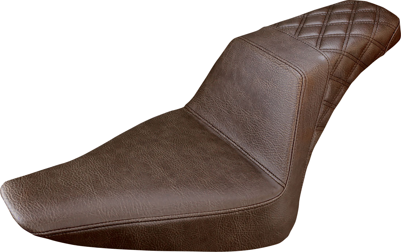 Brown SADDLEMEN Step-Up Seat with rear lattice stitch for motorcycles, featuring a comfortable, textured surface.