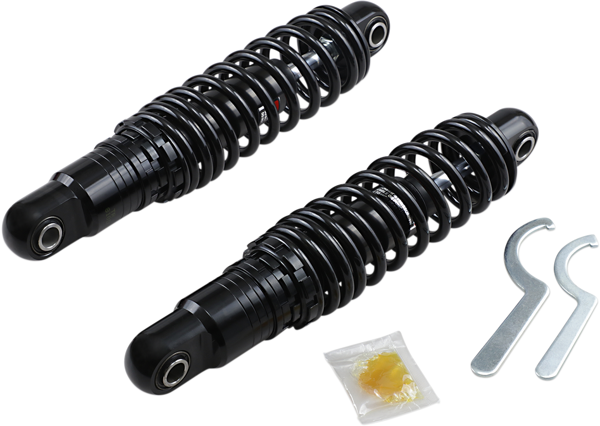 Black 12-inch Drag Specialties Shocks with premium ride-height adjustment and heavy-duty construction for motorcycle suspension.