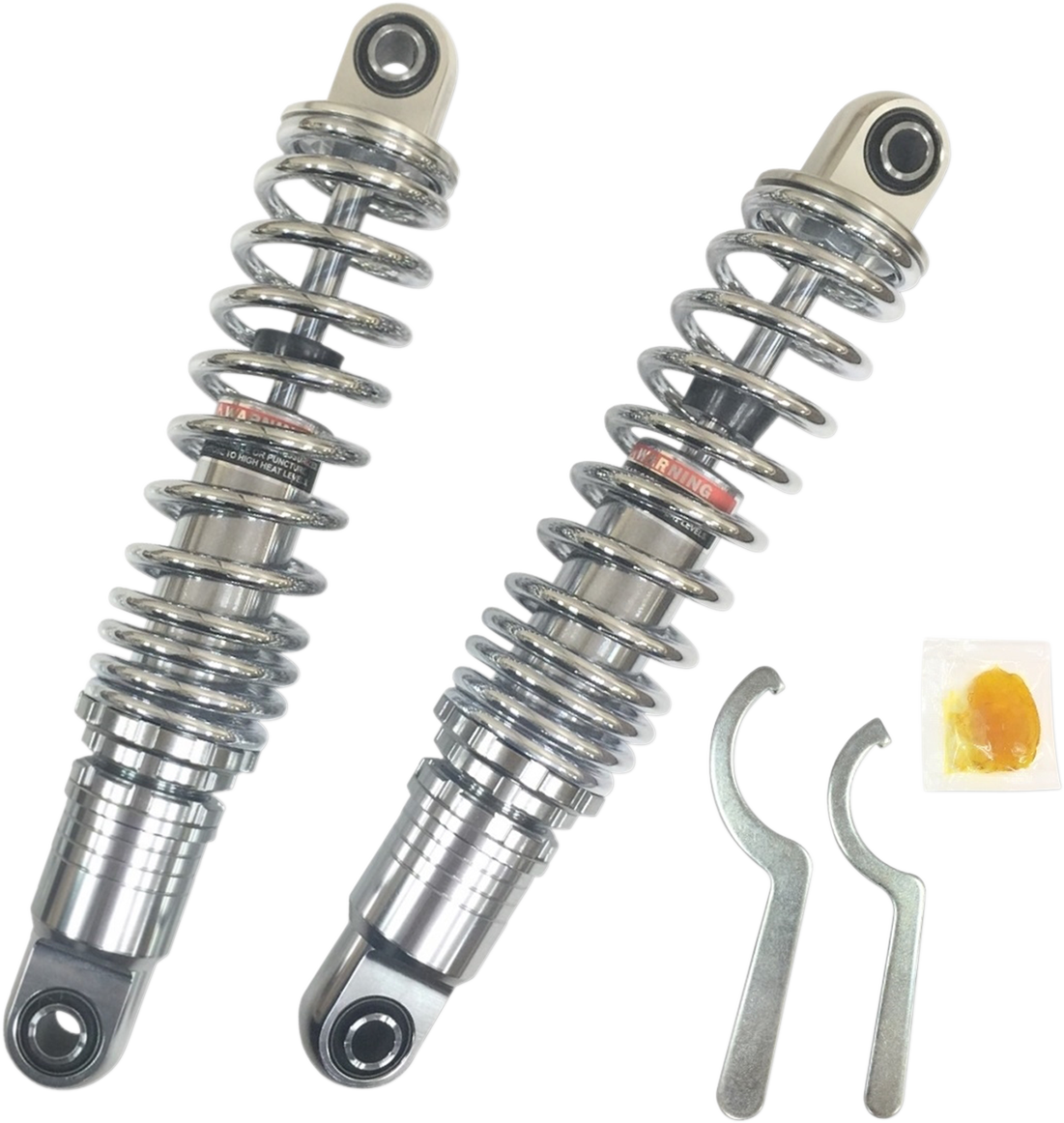 Chrome Drag Specialties shocks, premium 13-inch ride-height adjustable shock absorbers, heavy-duty motorcycle suspension component.