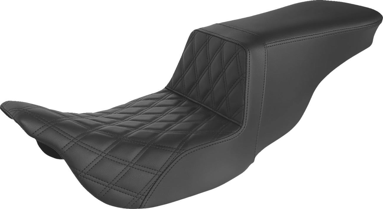 Black SADDLEMEN Step-Up Seat with front lattice stitch for FLH motorcycles, designed for comfortable riding and stylish look.