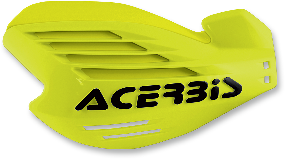 Acerbis X-Force fluorescent yellow handguards mounted on a motorcycle handlebar, designed for protection and visibility.