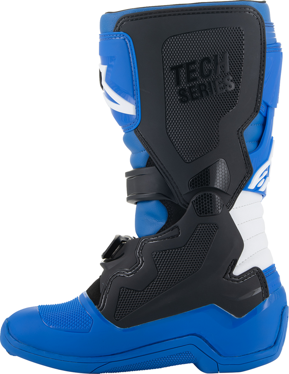 Alpinestars Youth Tech 7S bike boots in blue, black, and white with protective design and adjustable straps, US size 8.
