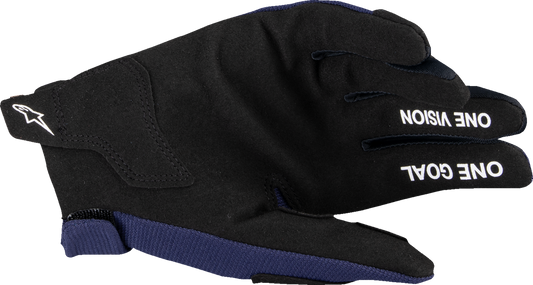 Alpinestars Youth Radar MX Gloves in Night Navy and White, large size, showing protective knuckle padding and breathable fabric.