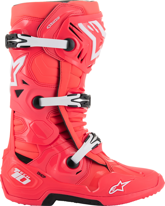 Alpinestars Tech 10 motocross boots in Diva Pink and White, US 10, featuring protective design and durable construction.