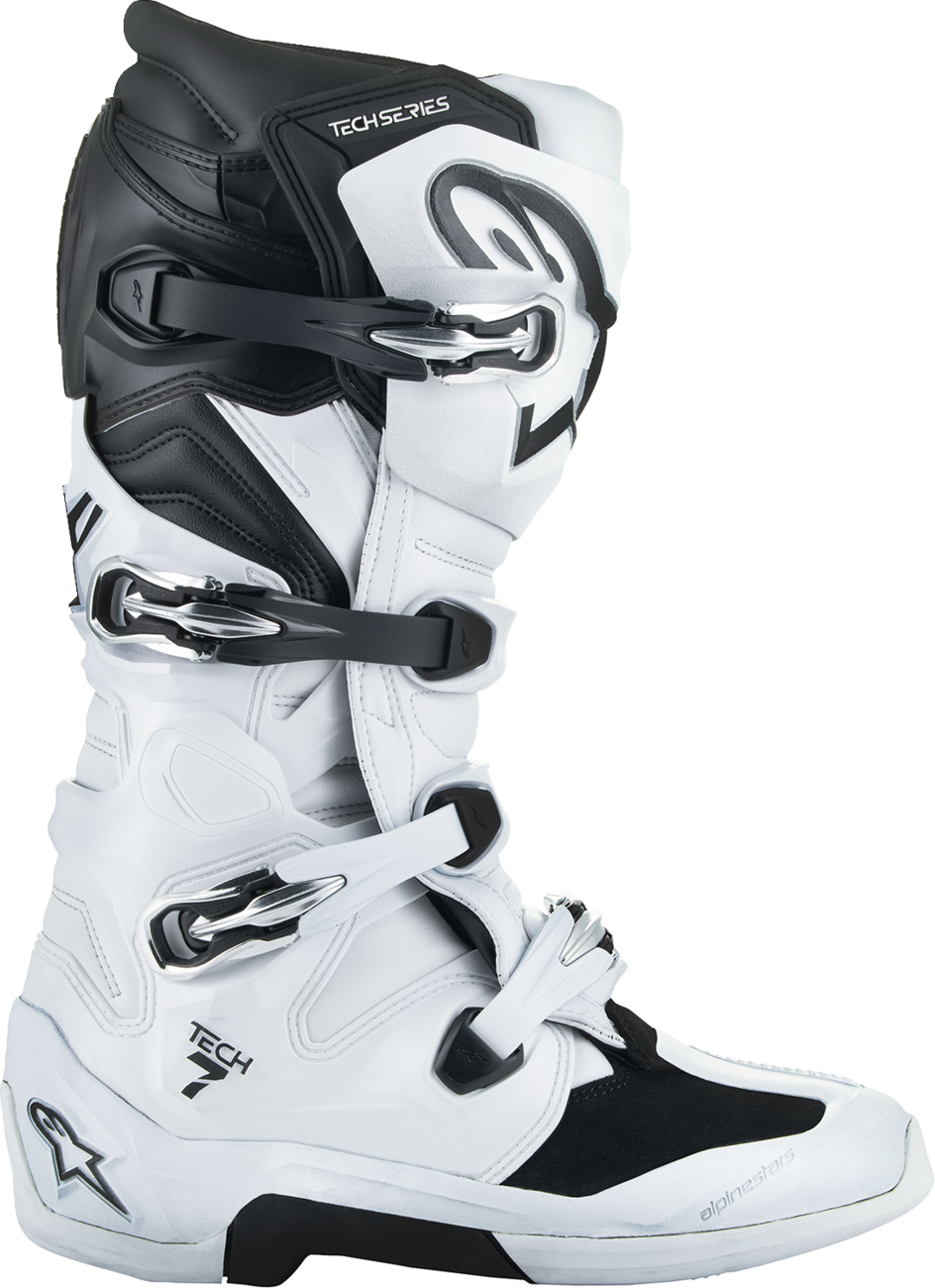 Alpinestars Tech 7 off-road motorcycle boots in white and black, US 6 / EU 39, with protective ankle and sole details.