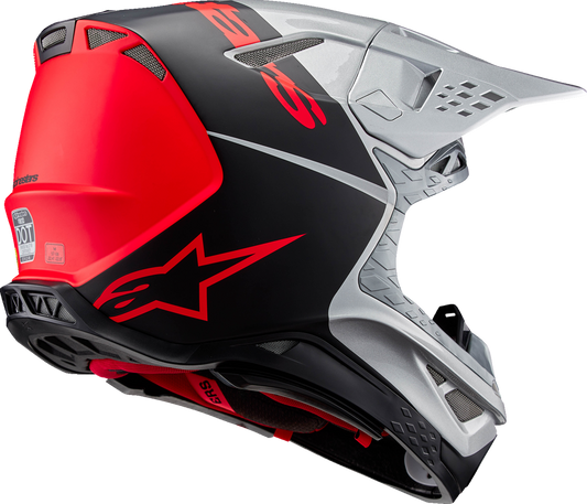 Alpinestars Supertech M10 helmet in gloss silver, black, and orange fluo with MIPS® protection, large size, front view.