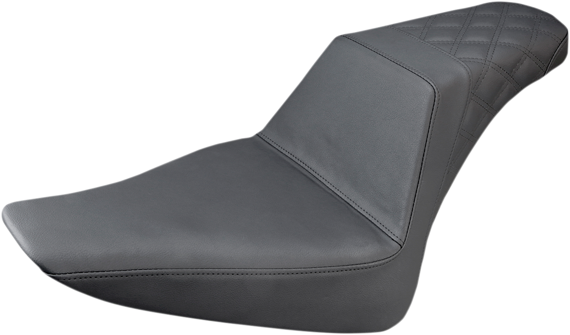 Black SADDLEMEN Step-Up Seat with rear lattice stitch for motorcycles, designed for compatibility with FLS 812-26-173 model.