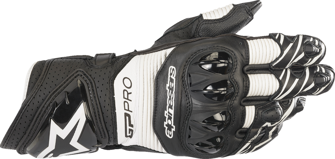 Alpinestars GP Pro RS3 motorcycle gloves in black and white, small size, with reinforced knuckles and adjustable wrist closure