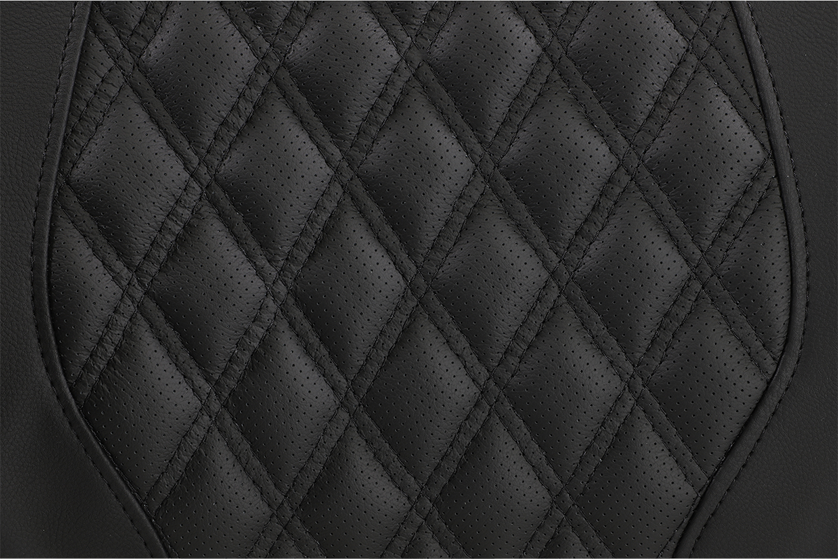 Black SADDLEMEN Tour-Pak backrest pad with lattice stitching for RoadSofa seat on Harley FL models from 2014 to 2023.