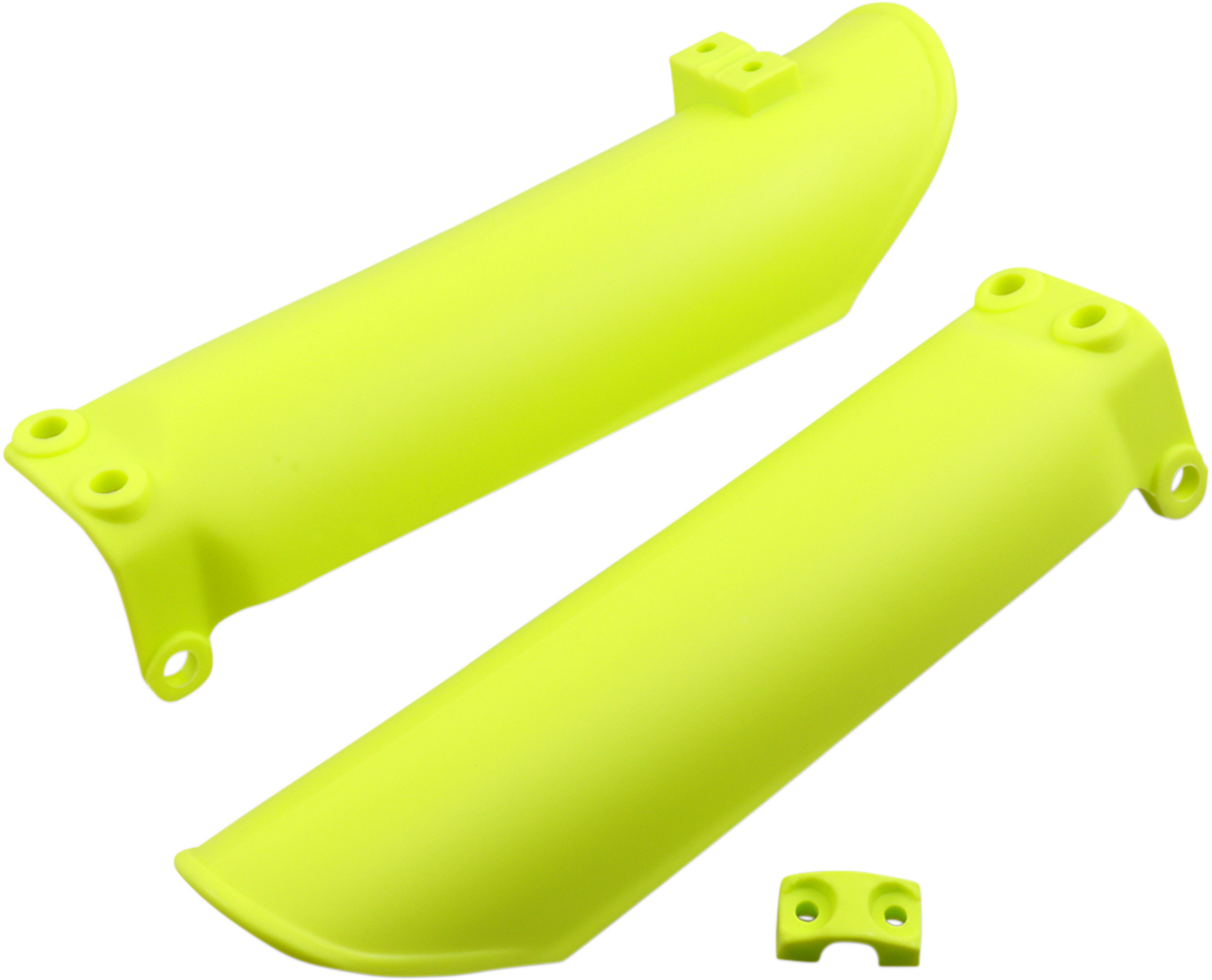 Yellow Acerbis lower fork covers for inverted motorcycle forks, designed for durable protection and a sporty look.