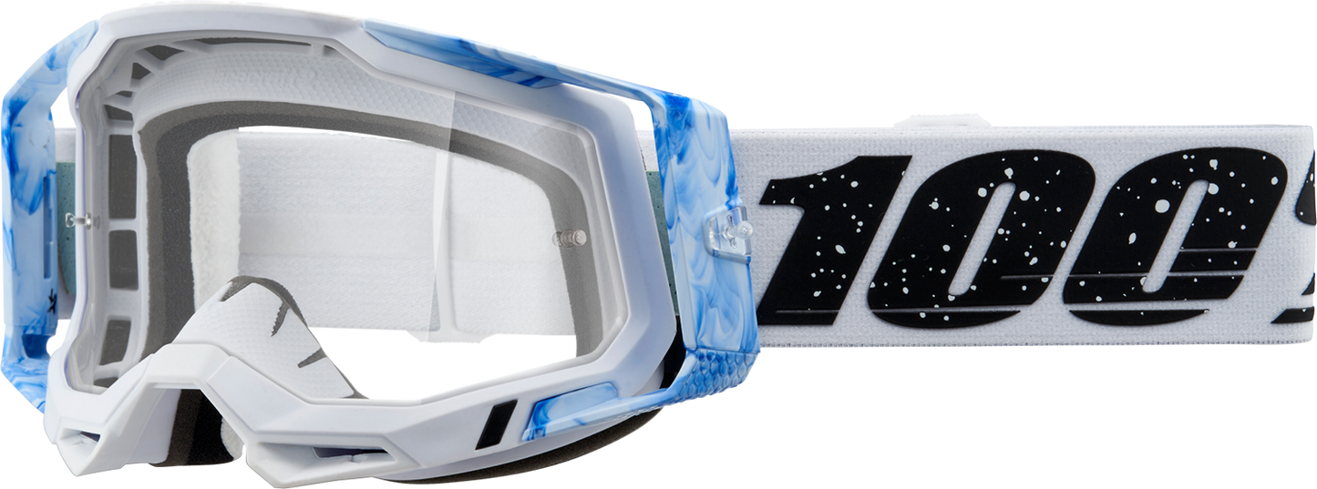 Clear 100% Racecraft 2 Goggles by Mixos, featuring a sleek design and adjustable strap for optimal fit and visibility.