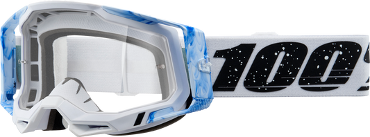 Clear 100% Racecraft 2 Goggles by Mixos, featuring a sleek design and adjustable strap for optimal fit and visibility.