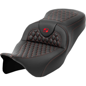 Bill's Exhausts Saddlemens RoadSofa seat in honeycomb red stitch for FLH/FLT 2008-2023, without backrest, motorcycle seat.