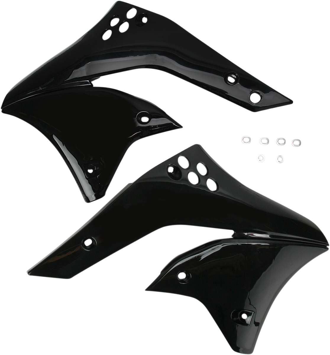 Black Acerbis radiator shrouds for motorcycle body protection, with mounting points and aerodynamic design.