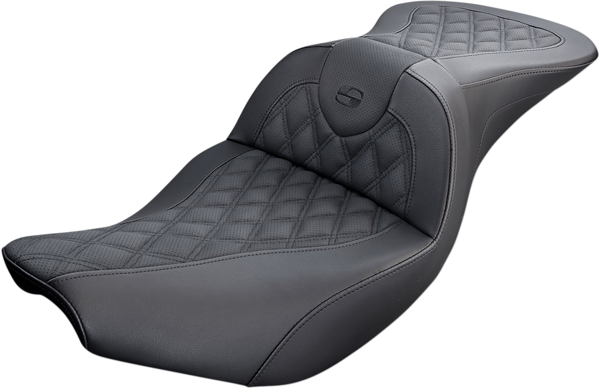 Black SADDLEMEN Roadsofa seat with full lattice stitch design, showcasing detailed stitching and durable construction.