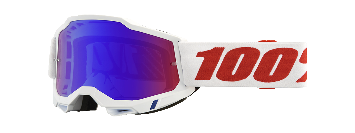 Bill's Exhausts 100% Accuri 2 Goggles in red/blue mirror with clear lenses, designed for motocross or off-road riding.