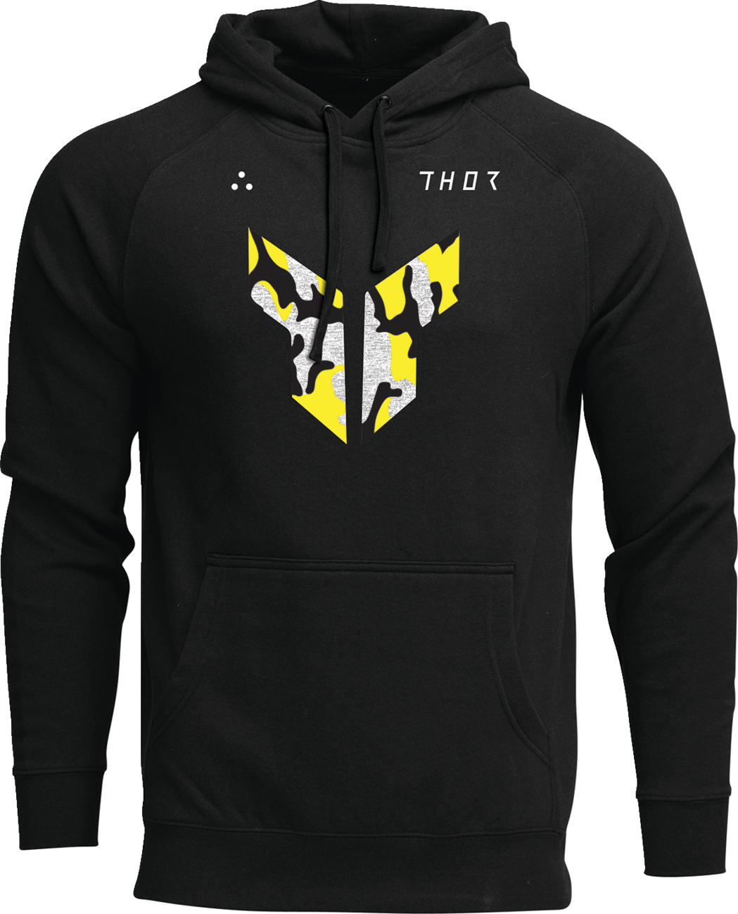 Black THOR Iconic Pullover Hoodie showing front view with hood and logo, made from comfortable fabric, casual athletic style.