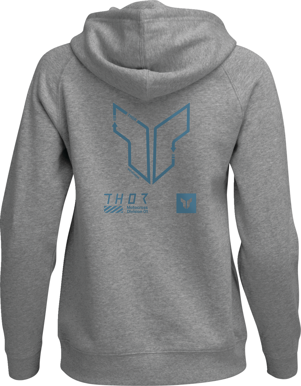 THOR Women's Heather Gray Trax Pullover Hoodie, front view showing soft fabric and relaxed fit, size medium.